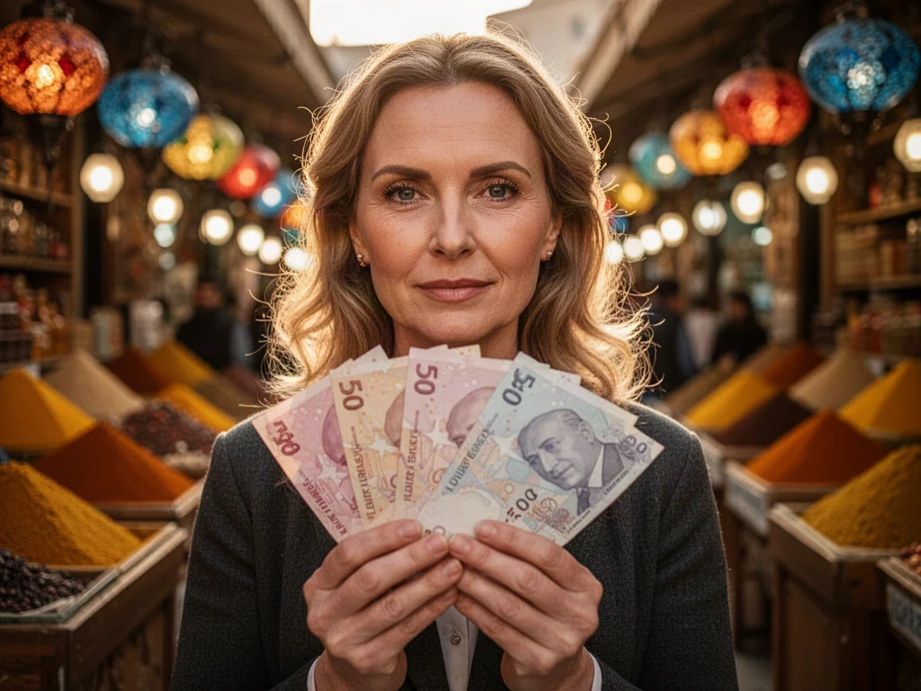Kobieta trzymająca w dłoniach banknoty liry tureckiej na tle kolorowego bazaru w Turcji.