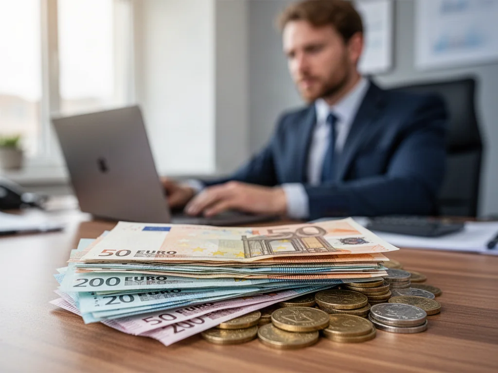 Stos banknotów euro i monet złotych na biurku, symbolizujący wymianę walut oraz profesjonalne finanse.