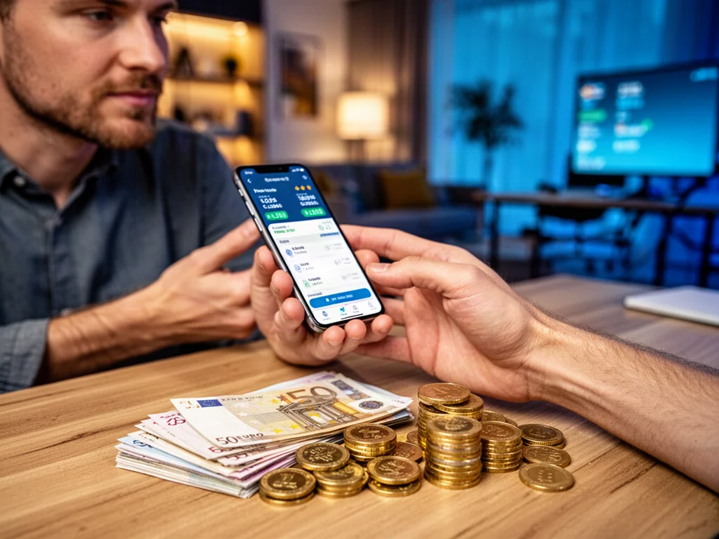 Mężczyzna sprawdza kurs walut w aplikacji na smartfonie, obok leży stos banknotów euro i polskich monet.