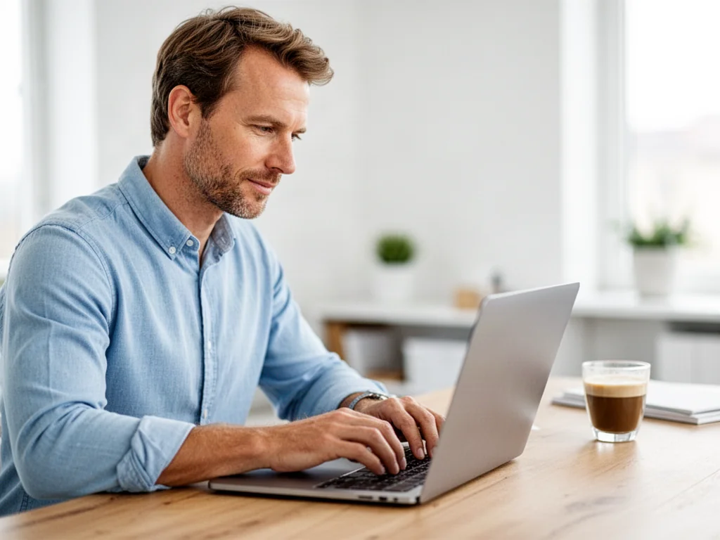 Mężczyzna pracujący przy laptopie w nowoczesnym biurze, symbolizujący wygodne zarządzanie finansami online.